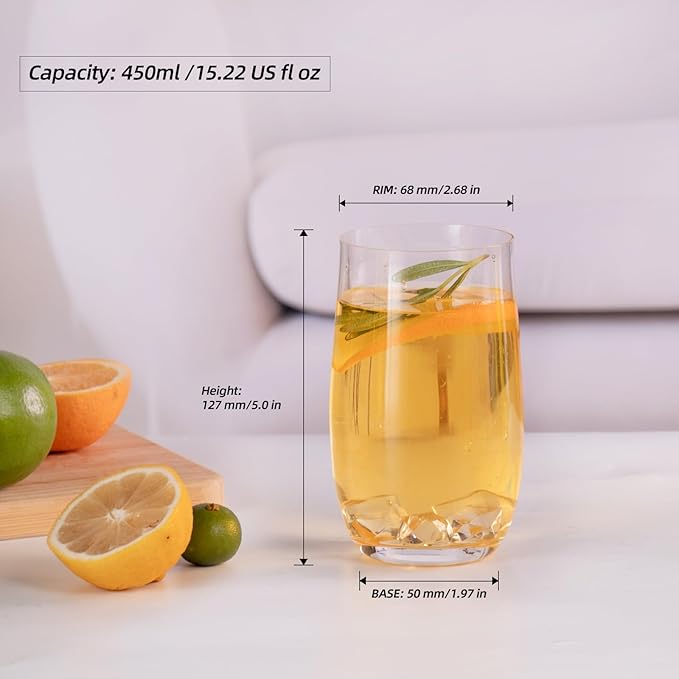 KAMMAK Drinking Glasses Set of 2, 15oz Crystal Water Glasses, Everyday Tall Glass Cups, Highball Glass for Cocktail, Juice, Mojito, Iced Tea, Kitchen and Bar Glassware Gifts,Collins Glasses