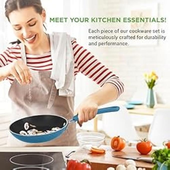 NutriChef 11 Pc Pots and Pans Set Non Stick Cookware with Ceramic Coating, Ergonomic Handles, Induction Ready, Includes Saucepan, Dutch Oven, Large & Small Fry Pans, Royal Blue