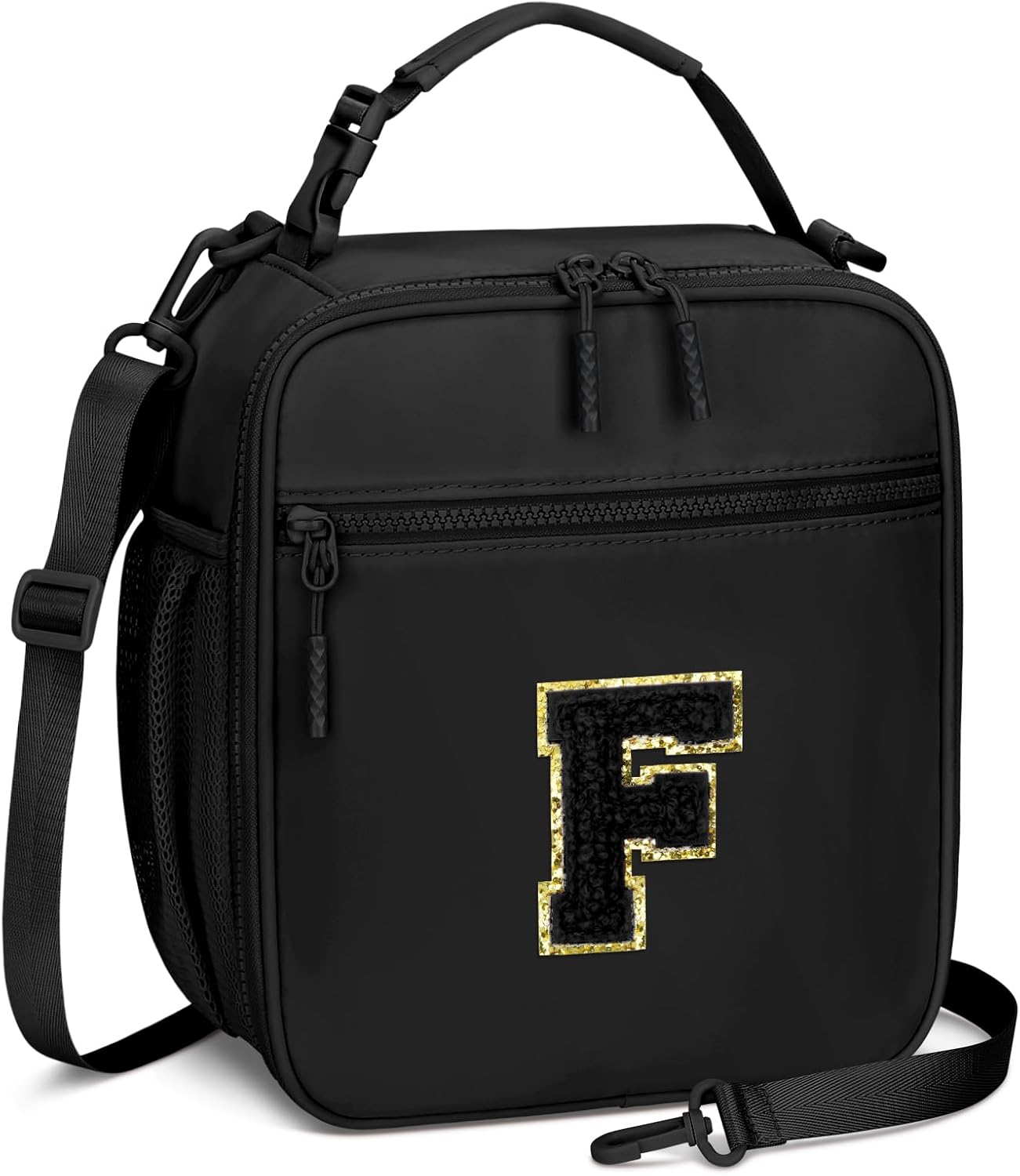 Initial Insulated Lunch Bag for Boys Kids, Back to School Gift, Reusable Leak-proof Lunch Box with Adjustable Strap for School Daycare Travel Picnic（Black，F）