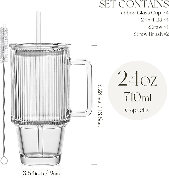KEMORELA 4PCS 24oz Ribbed Glass Tumblers with Lids & Straws – Textured Handle Drinking Glasses for Iced Coffee, Smoothies, Cold Beverages – Reusable Clear Drinkware Set, Dishwasher Safe
