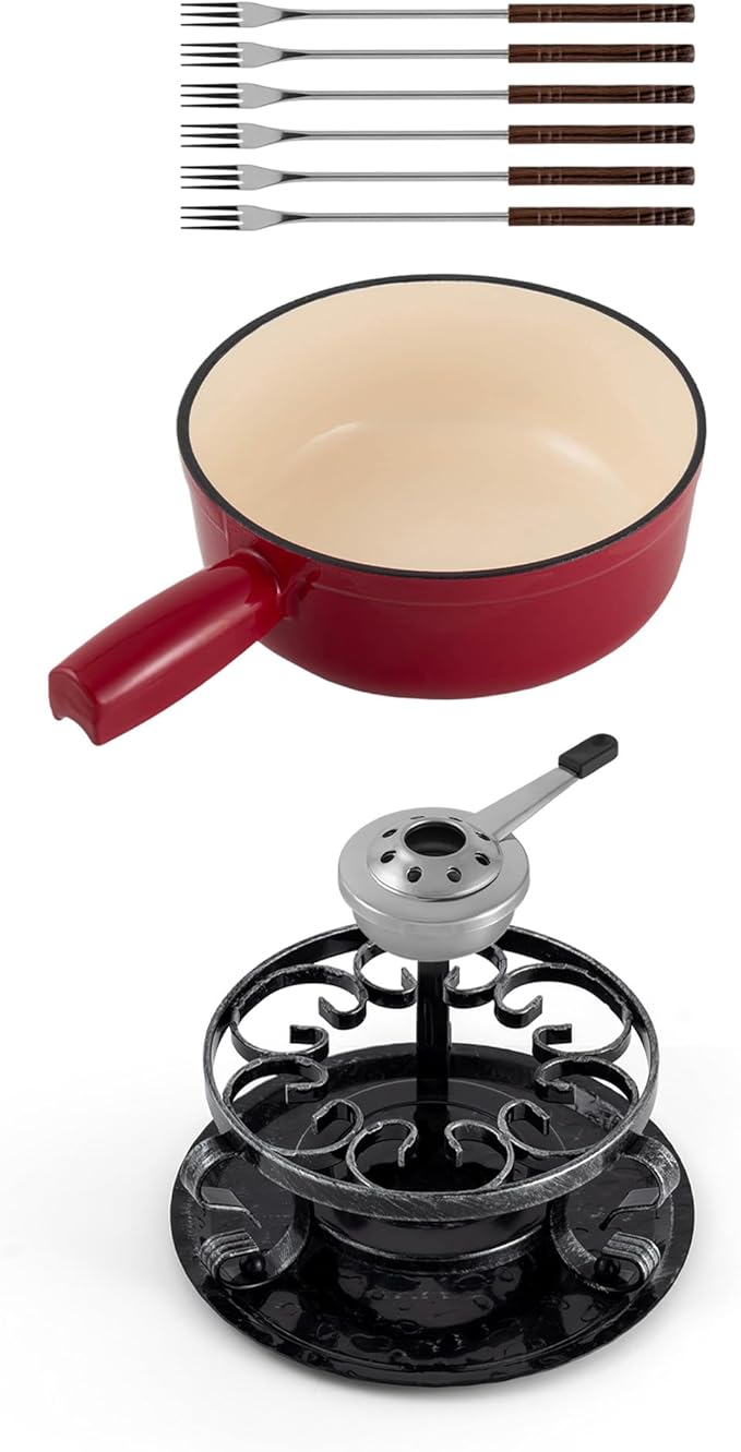 Swissmar Lugano Cast Iron Cheese Fondue Set, 9-Piece, 2 QT / 2 L - Ideal for Melting Cheese, Chocolates, Caramel, & More - Perfect for Kitchen Collection & Gift Giving - Cherry Red