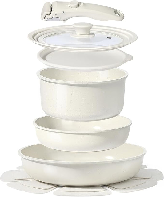 GiPP Ceramic Pots and Pans Set Non Stick, Nonstick Detachable Handle Cookware Sets, Healthy Non Toxic PFAS PFOA & PTFE Free, Dishwasher ＆Oven Safe, Induction Kitchen Pot and Pan, 8 Piece Cream