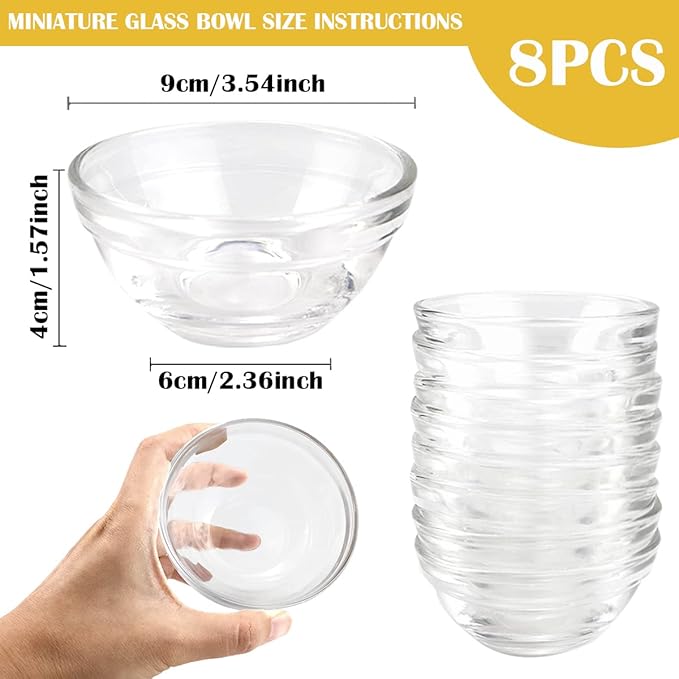 Set of 8 Clear Glass Mixing Bowls - 3.5 Inch Nesting Prep Bowls for Salad, Cereal, Ice Cream, Pasta, and Fruits - Perfect for Kitchen Use
