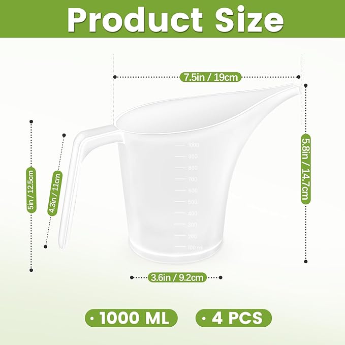 4 Pack Plastic Funnel Pitcher,Measuring Cup with Long Spout,Large Capacity Easy Pour Cup,Perfect for Bakeware Mold,Oils,Watering Plants(1000ml)