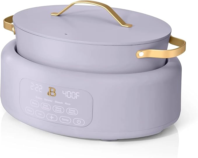 Beautiful 10-in-1 Electric Multi-Cooker by Drew Barrymore, 6-quart, digital display, 10 cooking functions, non-stick pot, easy one-touch control (Lavender)