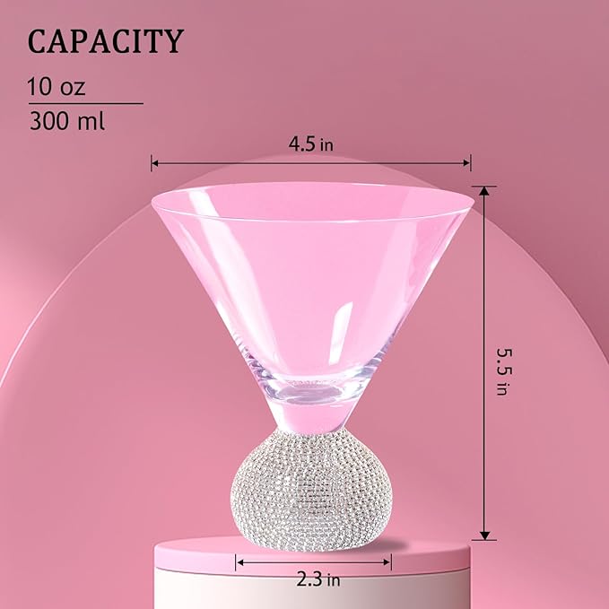 Martini Glasses Set of 4,Stemless Margarita Glasses,Unbreakable Crystal Fancy Cocktail Glasses,10 Oz Bar Glass,for Party,Birthday,Manhattan, Cosmopolitan, Home Bargifts Women (Silver Pink)