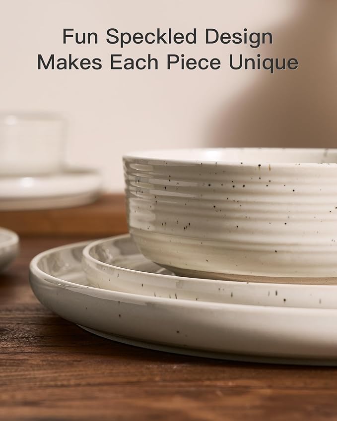 Stoneware Dinnerware Sets, Plate and Bowl Sets for 8, 24 Pieces Spiral Flared Dishware Set with Speckles & Reactive Glaze - Microwave and Dishwasher Safe Tableware, Shell Beige