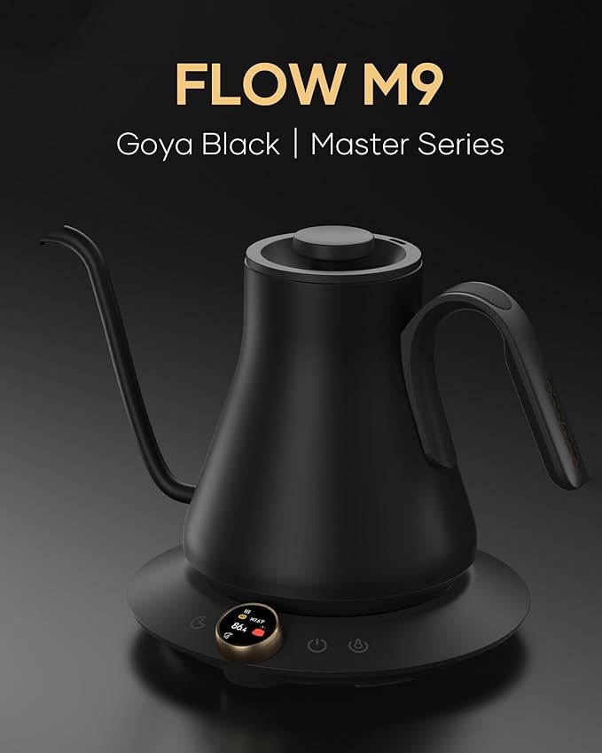 Cocinare FLOW M9 Gooseneck Electric Kettle with Precise ±1℉ Temperature Control for Pour-over Coffee and Tea, Stainless Steel Interior, Quick Heating Electric Kettle for Boiling Water (Goya Black)