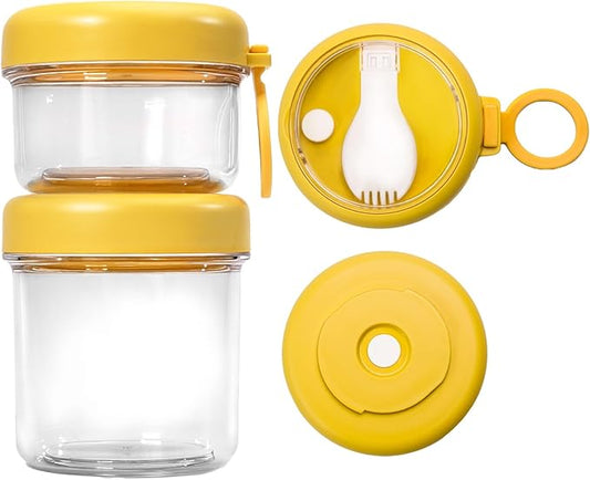 Container Food Overnight Oats Containers with Lids, Folding Spoons 26 oz Plastic Mason Jars Containers with Lids Portable Cereal and Milk Container on The Go (yellow Oatmeal Cup)