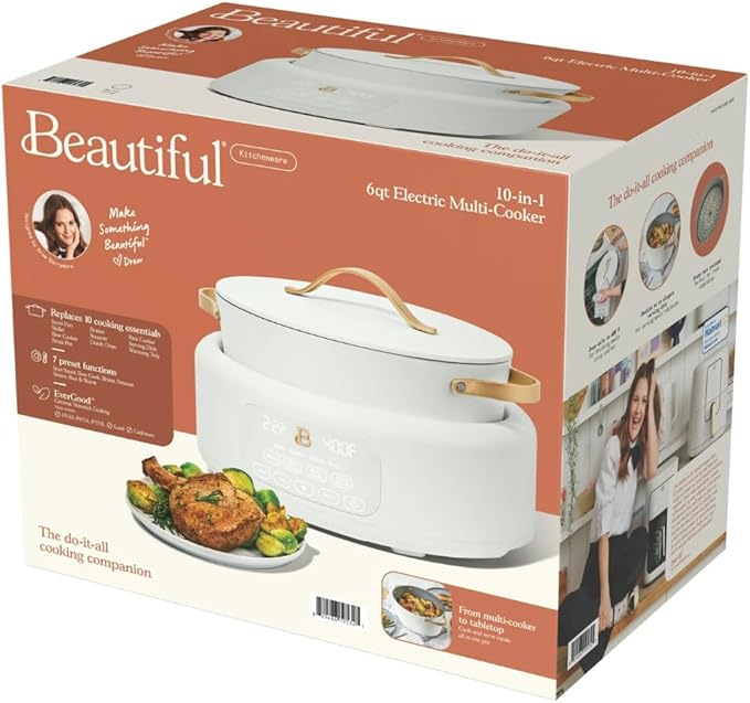 Beautiful 10-in-1 Electric Multi-Cooker by Drew Barrymore, 6-quart, digital display, 10 cooking functions, non-stick pot, easy one-touch control (White Icing)
