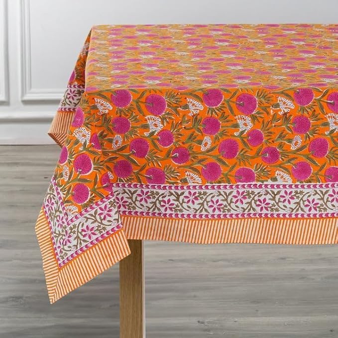 Ridhi Bubblegum Pink Hand Block Print Cotton Rectangle Tablecloth 120 x 60 inches Reusable Table Cover Decorative Everyday Use for Dining Room, Farmhouse, Home, Party, Festive & Wedding, Fall