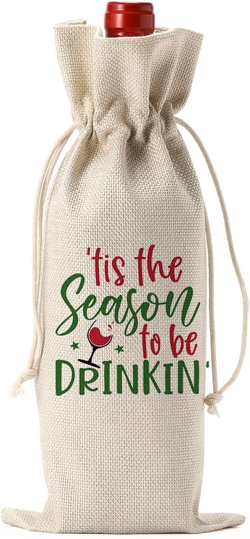 FBCCZEY Christmas Wine Bag Merry Christmas Wine Bottle Gift Bags With Drawstring Xmas Party Decorations Gifts for New Year Holiday Wedding Parties Tis The Season To Be Drinkin Bottle Wraps Bags