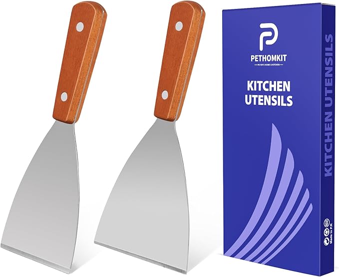 Small Flat Metal Spatula Scraper Set,2 Pcs Stainless Steel Dough Food Scraper Kitchen Tool, Griddle Grill Scrapers for Flat Tops Pancake Pizza Burgers Cooking Cutting Flipping Cleaning, Slant Edge
