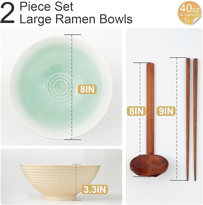 8 Inch Ceramic Ramen Bowl Set of 2, 40oz Japanese Bowls with Spoons & Chopsticks,Durable,Microwave & Dishwasher Safe,Perfect for Ramen,Pho,Salad,Soup,Noodles，Mixing bowls（Cyan Sea）