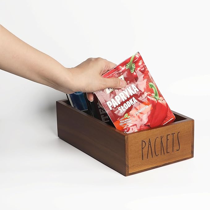 Packet Organizer, Acacia Wood Packet Storage Organizer with 3 Compartments,Farmhouse Kitchen Organization for Spice, Gravy, Taco, and Dressings Packets for Kitchen (Brown Label PACKETS)