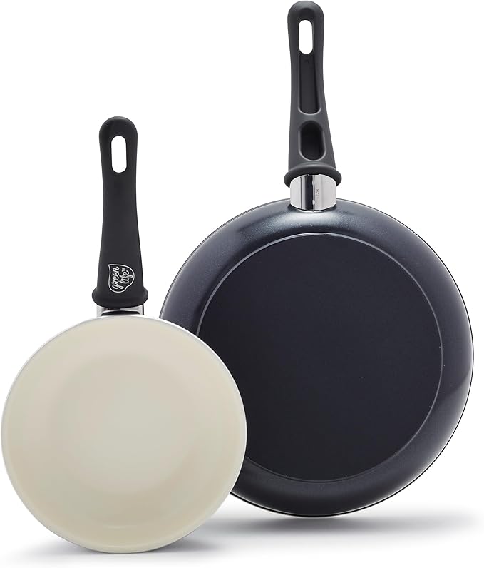 GreenLife Non Stick Fry Pan Set (7" & 10"), Non-Toxic PFAS-Free Ceramic Skillets, Dishwasher & Oven Safe, Egg Omelet Frying Pans, Stay- Cool Handles, Kitchen Home Cooking Essentials, Black and Cream