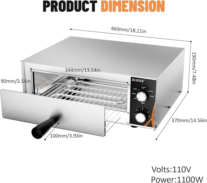 Electric Pizza Oven, 12" Countertop Pizza Oven Indoor with 30 Minute Timer, Stainless Steel Pizza Oven with Handle, Removable Pizza Tray, Commercial Pizza Maker for Restaurant, Home Party