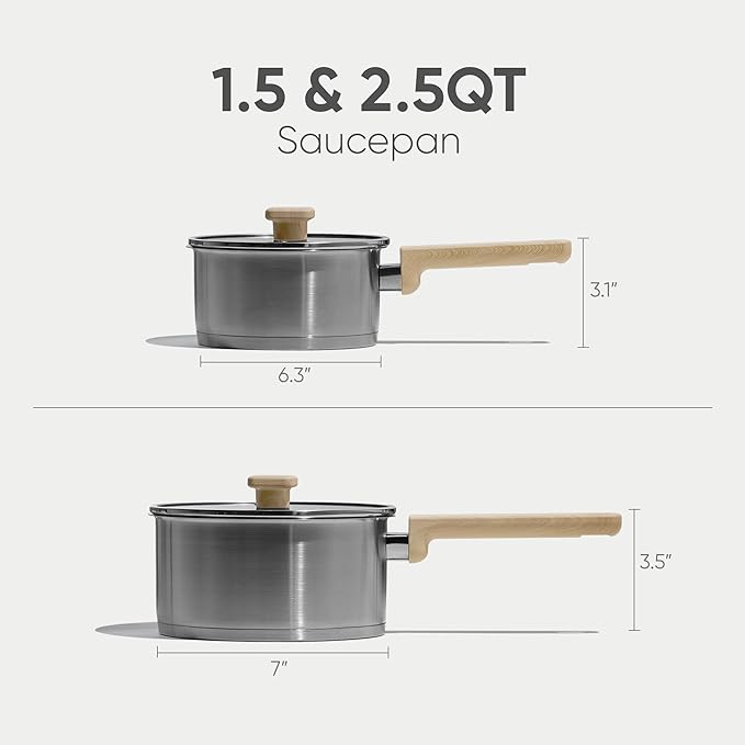 CAROTE 1.5Qt & 2.5Qt Stainless Steel Sauce Pan Set with Lid, 3-ply Base, Non-Toxic PTFE & PFOA Free Saucepan, Induction Cookware Set, Small Kitchen Pots, Stay-Cool Handles