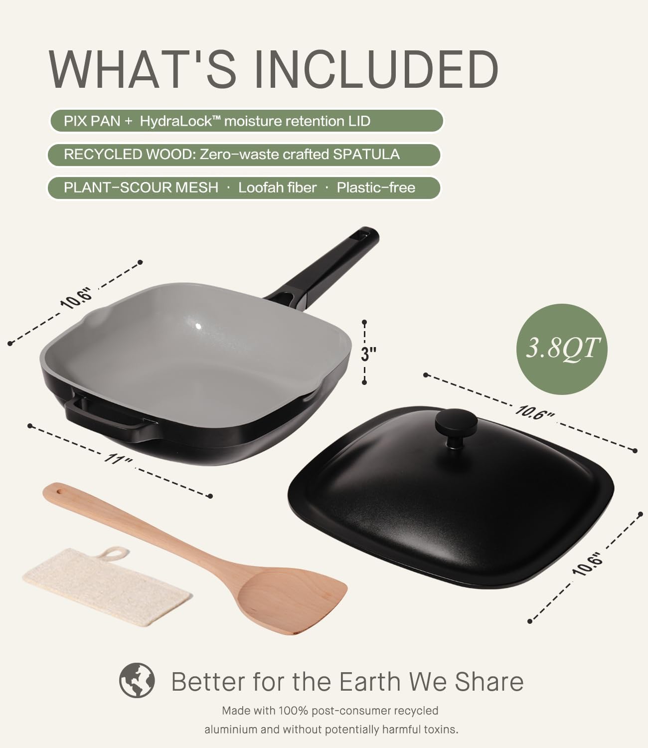 10.5 Inch(3.8QT) Ceramic Pan with Lid,Non Stick Frying Pans Cast Aluminum Deep Sauté Pans,Ti-Ceramic Non Toxic Pix Pan with Wooden Spatula and Scrubber-Midnight Hearth