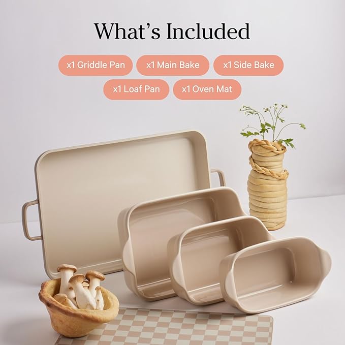 Our Place Bakeware Set | 5-Piece Nonstick, Toxin-Free, Ceramic, Cast Aluminum Set with Oven Pan, Bakers, & Oven Mat | Space-Saving Nesting Design | Oven-Safe | Bake, Roast, Griddle and more | Steam