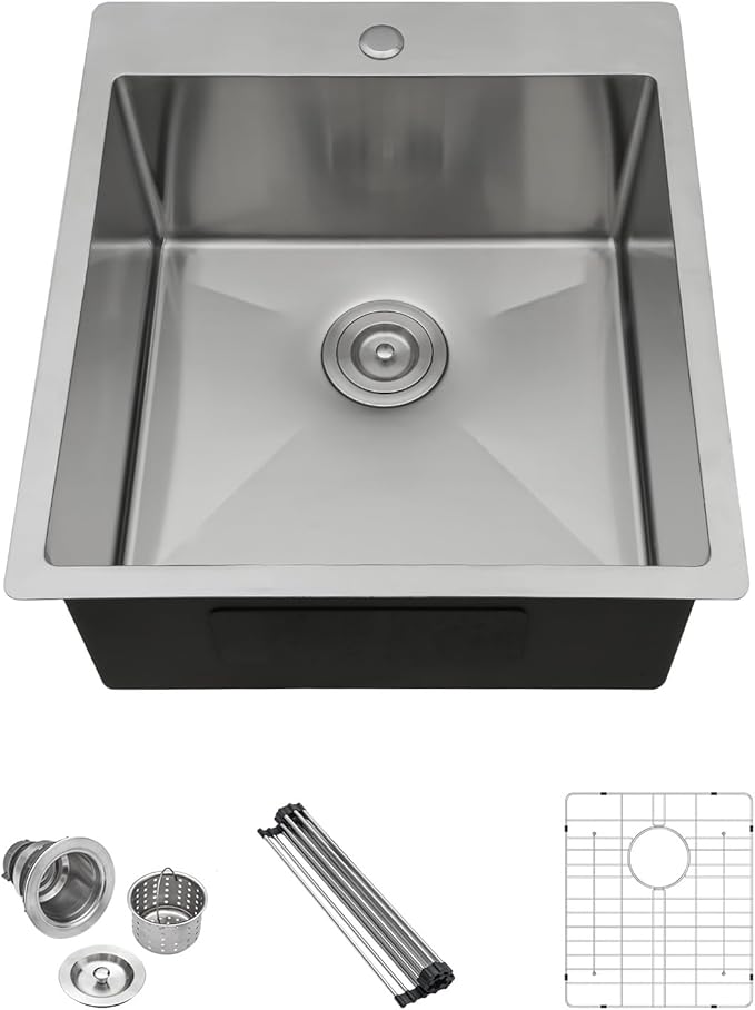 Lordear 18x20x10 inch Drop in Kitchen Sink Topmount Bar Sink 16 Gauge Single Bowl Stainless Steel Bar Outdoor Sinks