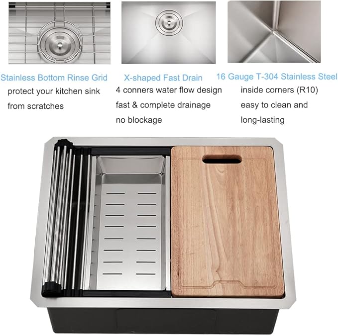 24 Inch Undermount Kitchen Sink, BoomHoze 24 x 19 Inch Sink Kitchen 16 Gauge Stainless Steel Workstation Undermount Single Bowl Outdoor