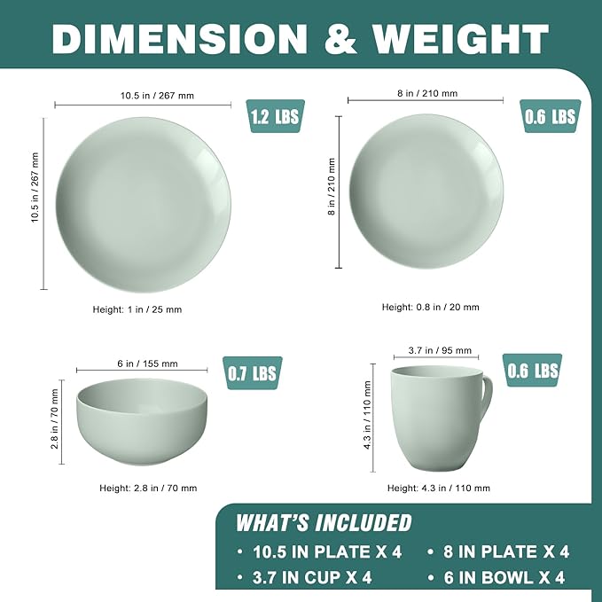 Yoshy 16-Piece Green Bone China Dinnerware with Lightweight Durable Chip Resistant Design Service for 4
