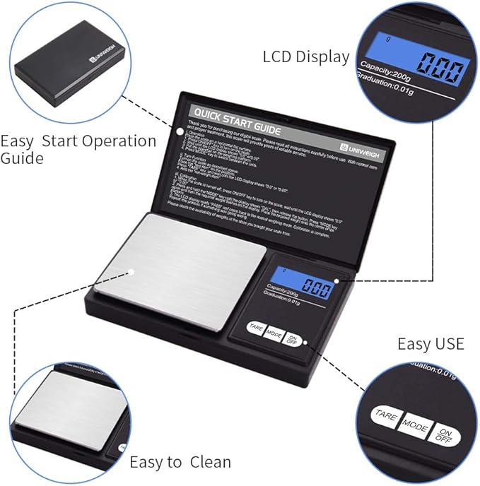 Gram Scale,200 gx0.01 g(7.05 oz x 0.001 oz) Digital Pocket Scale,Electronic Smart Weigh Scale,Portable Small Jewelry Scale Grams and Ounces,Mini Scale with LCD Display,Tare (UA200)