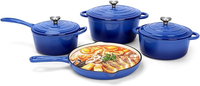 Enameled Cast Iron Cookware Set, 7-Pcs Pots and Pans with Lid, Skillet, Frying Pan, Saucepan & Dutch Oven for All Stovetops, PFA Free - Ideal for Sourdough Bread Baking, Cobalt Blue