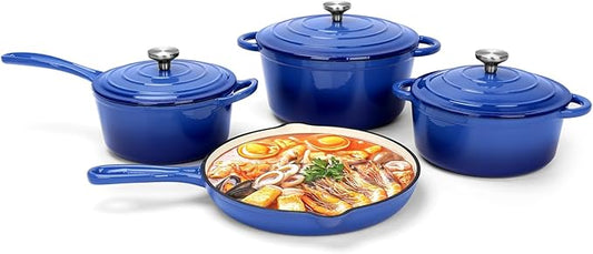 Enameled Cast Iron Cookware Set, 7-Pcs Pots and Pans with Lid, Skillet, Frying Pan, Saucepan & Dutch Oven for All Stovetops, PFA Free - Ideal for Sourdough Bread Baking, Cobalt Blue