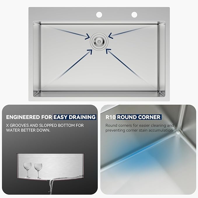 Lordear 28 Drop In Kitchen Sink 28 x 22 Kitchen Sink Single Bowl Drop In Stainless Steel 16-Gauge R10 Tight Radius Topmount Kitchen Sink