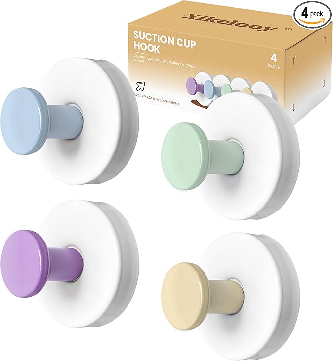 4 Pcs Suction Cup Hook for Shower，Removable Hooks，Towel Hooks，Suction Hooks for Bathroom, Bedroom, Glass Window (Color B)