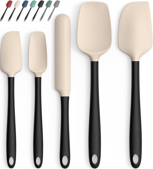 Coukre Silicone Spatula Set of 5,High Heat Resistant, Food Grade Silicone, Upgraded Extended Reinforced Handle,Dishwasher Safe, for Baking, Cooking (Beige Black, Color block)