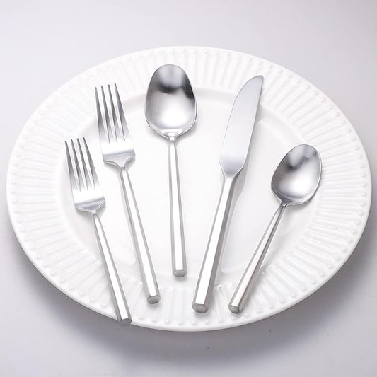 Matte Silverware Set Silver Flatware Set with Hexagon Handle 20 Pieces 18/0 Stainless Steel Cutlery Set Wedding Housewarming Gift Service for 4 (Matt silver)