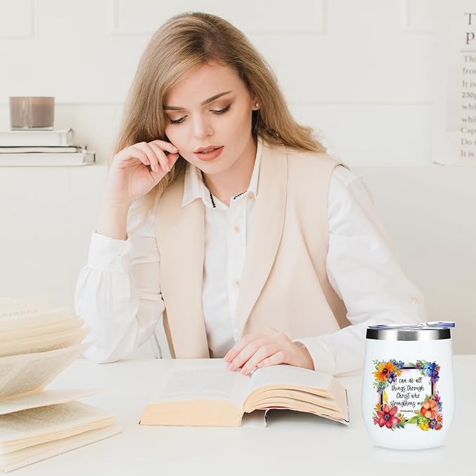Inspirational Pray Christian Gifts for Women Wine Tumbler Insulated Wine Glasses 12 oz Tumbler with Lid Bible Verse Religious Gifts for Female Girls Mom Grandma Coworker Birthday Christmas Anniversary