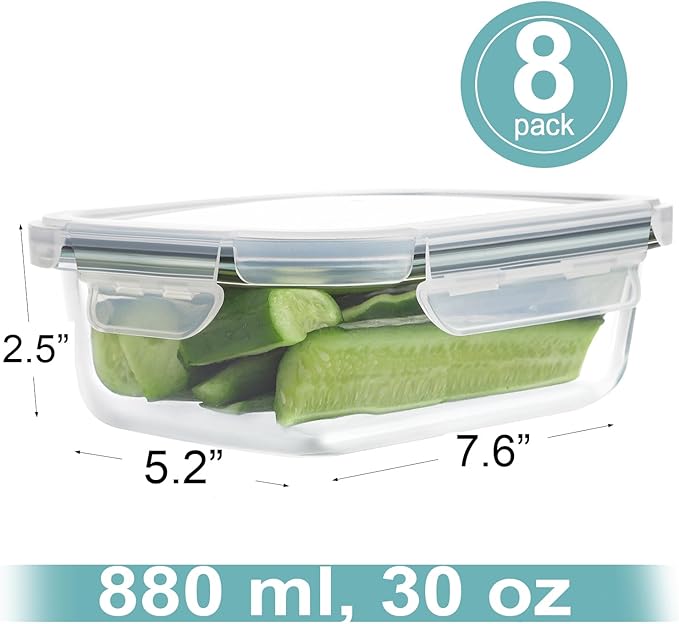HOMBERKING 30oz 8 Pack Glass Meal Prep Containers with Lids, Food Storage Airtight Bento Boxes with Leak Proof Locking for Microwave, Oven, Freezer and Dishwasher (8 lids & 8 Containers)