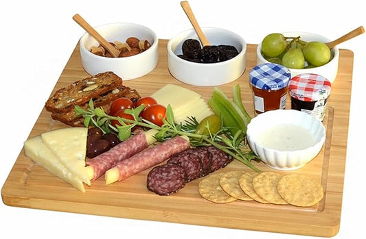 Picnic at Ascot Bamboo Cheese Board/Charcuterie Platter - Includes 3 Ceramic Bowls with Bamboo Spoons & Cheese Markers -13"x 13"- Designed and Quality Checked in the USA