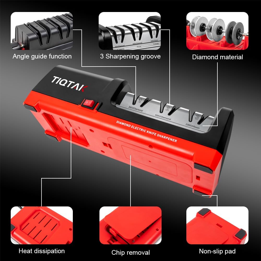 Electric Knife Sharpener,Professional kitchen knife sharpener,Diamond abrasive and precision Angle guide 3 stage slot home sharpener,Sharpening and Polishing, Red