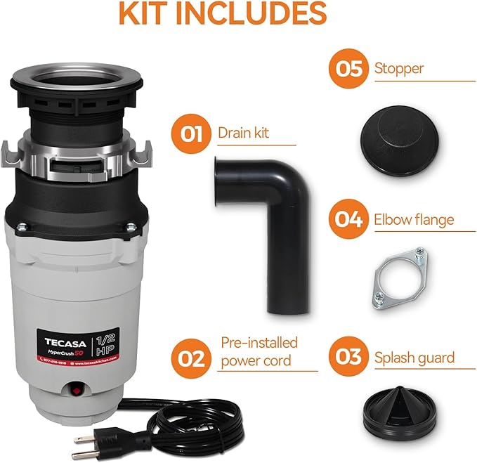 Garbage Disposal, TECASA 1/2 HP Pro Food Waste Coutinuous Feed, Garbage Disposals with Stopper Power Cord, Stainless Steel Grinding System for Kitchen Sink - HyperCrush 50 PRO