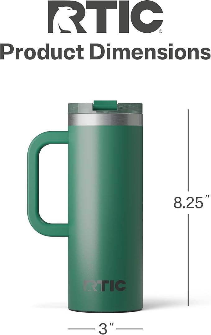 RTIC 20oz Road Trip Travel Mug with Lid and Handle, Ceramic Lined, Insulated, Stainless Steel, Metal, Double Wall Vacuum-Insulation, Portable Coffee, Tea Cup for Hot and Cold Drink, Pine Tree