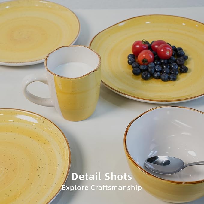 Highland 16-Piece Dinnerware Set Service for 4, Organic Shape Stoneware Plates and Bowls Set, Scratch Resistant, Microwave and Dishwasher Safe, Speckled Effect Handcrafted, Swirl Yellow