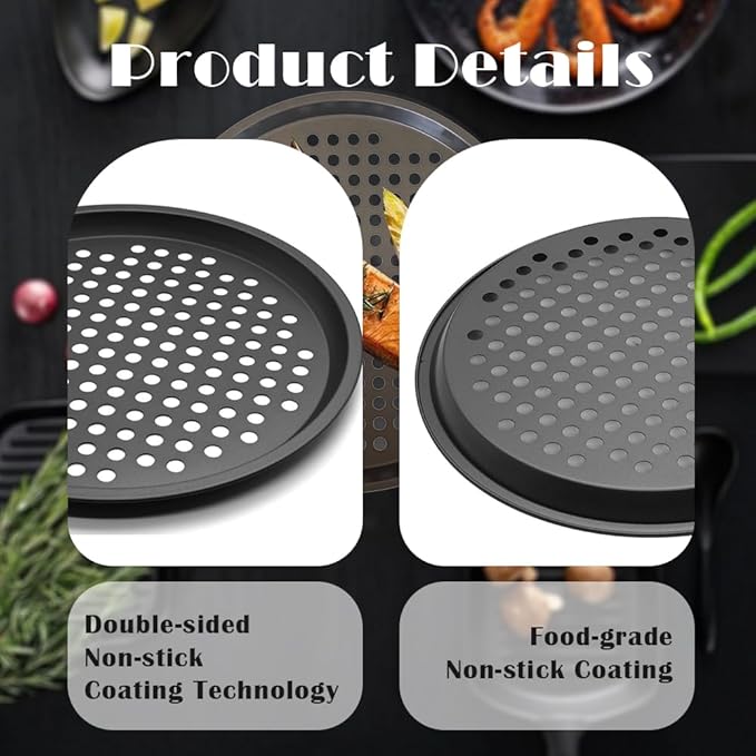 Perforated Pizza Pan, 2-Pack Oven Ready Pizza Tray, Carbon Steel Perforated Pizza Pan, Non-Stick Round Pizza Baking Pan for Frozen and Homemade Pizza Home Kitchen Restaurant - 11 Inch, Black