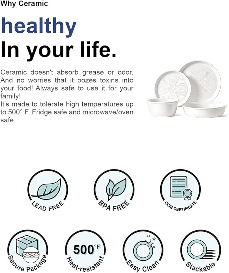 LE TAUCI 16-Piece Ceramic Dinnerware Set with Pasta Bowls (30 oz), Service for 4 – White Farmhouse Plates & Dishes (10" Dinner, 8" Salad, 6" Bowls, 8.5" Pasta) for Housewarming, Wedding Registry Gift