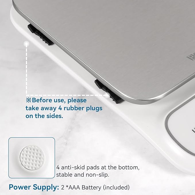 BOMATA Waterproof IPX6 Kitchen Scale, 0.1 g/0.01 oz High Precision, 5 kg/11 lbs, Digital Scale with Backlight, Stainless Steel Weighing Platform, for Food, Cooking, Baking, Weight Loss.. B619, White