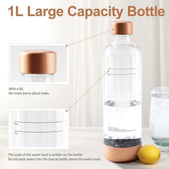 GreatWhip 1L Sparkling Water Bottles Reusable BPA Free Soda Bottle for Soda Machine, Sparkling Water Makers (Gold, 1Pack)