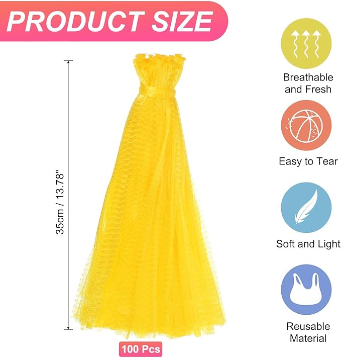 uxcell 100PCS Reusable Mesh Produce Bags, 13.8 Inches Egg Hatching Bags Washable Breathable Fruit Net Stretchable Mesh Netting Storage for Seafood Vegetable Onion Grocery Shopping, Yellow