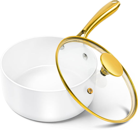 MICHELANGELO 2 Quart Saucepan with Lid, Nonstick Ceramic Sauce Pan with Ergonomic Handle, 2 Qt Small Pot, Oven-Safe, Induction-Compatible, White