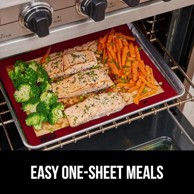 GORILLA GRIP Reusable Nonstick Silicone Baking Mat, 2-Pack, BPA-Free Oven Safe Food Liner for Toaster Ovens, Mini Cookie Sheets, Easy Clean, Holiday Baking Essentials, 11.75x8.25, Quarter Sheet, Red