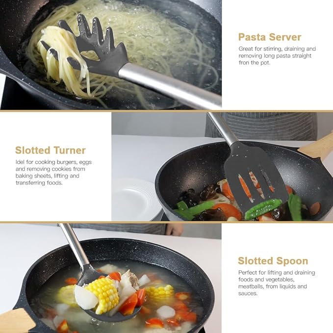 Kitchen Utensil Set-Silicone Cooking Utensils-33 Kitchen Gadgets & Spoons for Nonstick Cookware-Silicone and Stainless Steel Spatula Set-Best Kitchen Tools, Useful Pots (Grey)