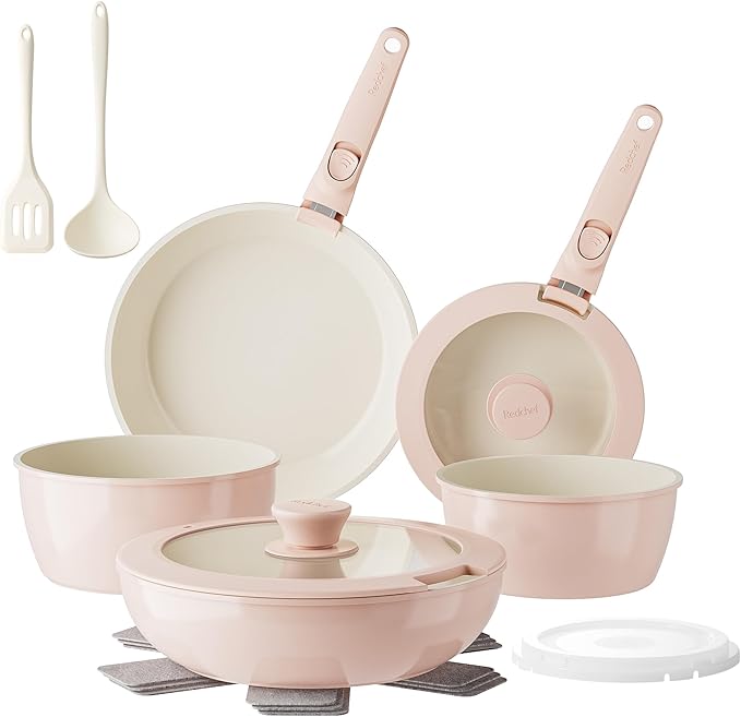 Redchef Pans and Pots Set Nonstick, Ceramic Cookware Set with Detachable Handles 16Pcs, Induction Dishwasher Oven Safe Kitchen Cooking Set, PFAS PFOA & PTFE Free, Pink